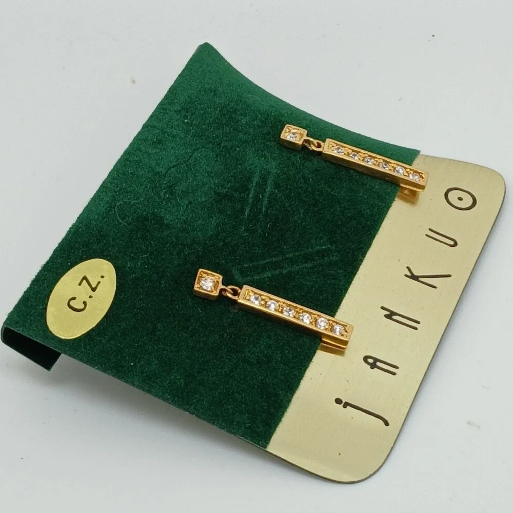 JANKUO Vintage 1990s Gold Tone Cubic Zirconia CZ Bar Drop Earrings Rare New - Picture 8 of 16